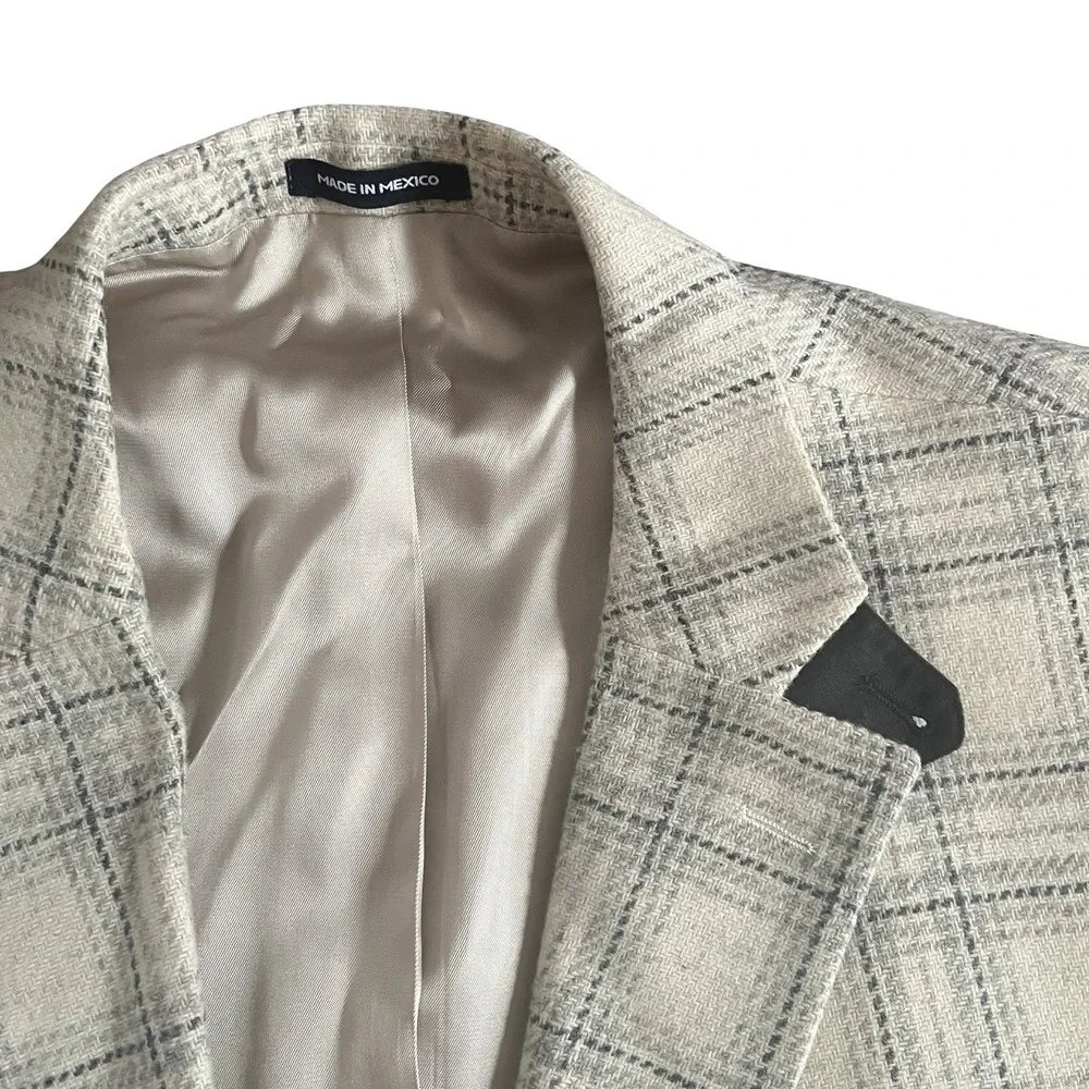Paul Fredrick Men's Size 48L Blazer Suit Jacket Cream Ivory Plaid Elbow Patch